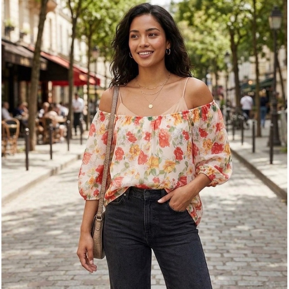 Hug Women Floral Off The Shoulder‎ Blouse mini dress Chiffon Puff Sleeve Top L